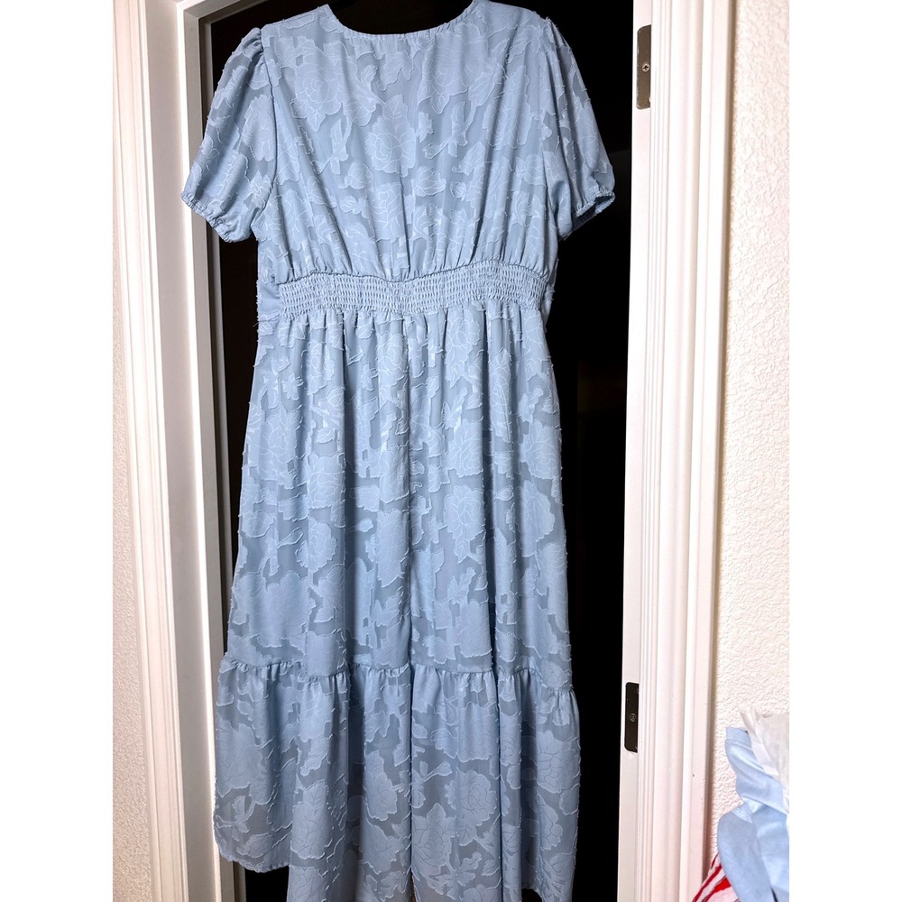 Babydoll Blue Floral Jacquard High/Low Midi Dress V-Neck Chic Puff Sleeve NWT - Picture 3 of 6